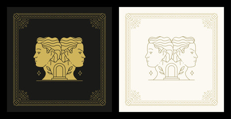 Wall Mural - gemini horoscope zodiac astrology symbol vintage line art deco card design set vector illustration