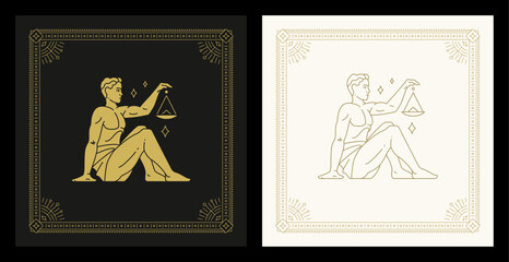 Wall Mural - libra zodiac astrology antique man with stars scales line art deco vintage card design set vector