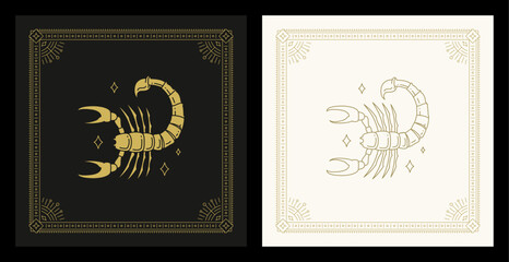 Wall Mural - scorpio zodiac astrology symbol lunar calendar antique line art deco vintage card set vector