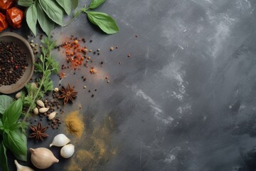 Wall Mural -  spices and herbs on a dark background with a chalkboard backdrop with space for writing or writing on the top of the image is a mortar, basil, pepper, garlic, pepper.  generative ai