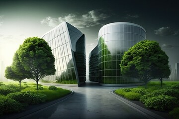 Poster - two buildings surrounded by trees in a beautiful landscape painting. generative ai
