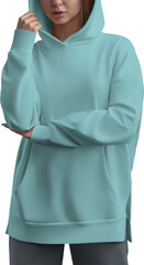 Sticker - Mockup of green hoodies on a girl, png, sweatshirt front view