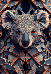 Poster - A complex, multi-layered pattern of interlocking shapes that resembles aKoala's face.  Generative AI technology.	
