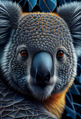 Poster - A complex, multi-layered pattern of interlocking shapes that resembles aKoala's face.  Generative AI technology.	