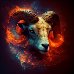 Poster - The zodiac sign Aries of is in a fiery environment, fire and energy. Generative AI technology.