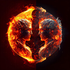 Poster - The zodiac sign Gemini of is in a fiery environment, fire and energy. Generative AI technology.	
