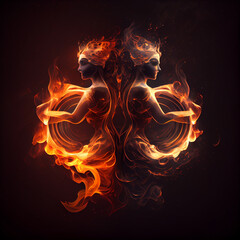 Poster - The zodiac sign Gemini of is in a fiery environment, fire and energy. Generative AI technology.	
