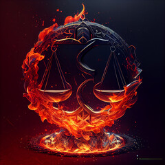 Poster - The zodiac sign Libra of is in a fiery environment, fire and energy. Generative AI technology.	
