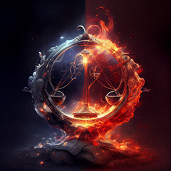 Poster - The zodiac sign Libra of is in a fiery environment, fire and energy. Generative AI technology.	

