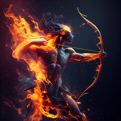 Poster - The zodiac sign Sagittarius of is in a fiery environment, fire and energy. Generative AI technology.	

