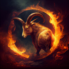 Poster - The zodiac sign Capricorn of is in a fiery environment, fire and energy. Generative AI technology.	
