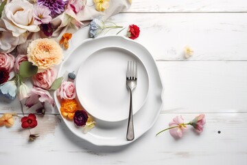  a white plate with a fork and knife on a white wooden table with colorful flowers around it and a white napkin with a floral design.  generative ai