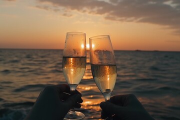  two glasses of champagne being toasted on a beach at sunset with the sun setting in the distance behind the two people holding the glasses.  generative ai