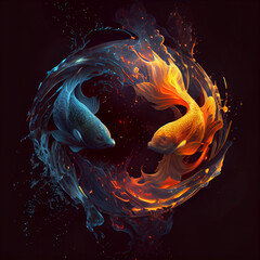 Poster - The zodiac sign Pisces of is in a fiery environment, fire and energy. Generative AI technology.	
