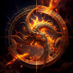 Poster - The zodiac sign Ophiuchus of is in a fiery environment, fire and energy. Generative AI technology.	
