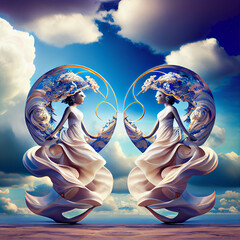 Poster - The zodiac sign of Gemini is among the wind and clouds,  air and movement. Generative AI technology.	
