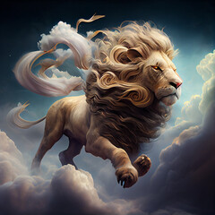 Poster - The zodiac sign of Leo is among the wind and clouds,  air and movement. Generative AI technology.	
