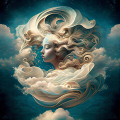 Poster - The zodiac sign of Virgo is among the wind and clouds,  air and movement. Generative AI technology.	
