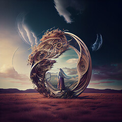 Poster - The zodiac sign of Libra is among the wind and clouds,  air and movement. Generative AI technology.	
