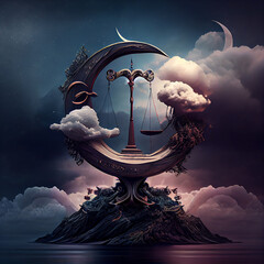 Poster - The zodiac sign of Libra is among the wind and clouds,  air and movement. Generative AI technology.	
