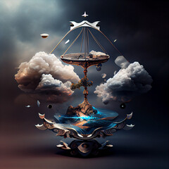Poster - The zodiac sign of Libra is among the wind and clouds,  air and movement. Generative AI technology.	
