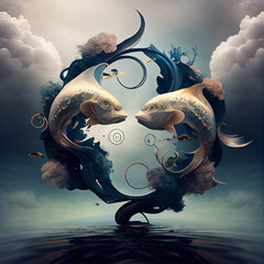 Poster - The zodiac sign of Pisces is among the wind and clouds,  air and movement. Generative AI technology.	
