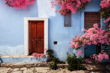 Sticker - Old blue door with blooming pink bougainvillea in a European town, generative AI.