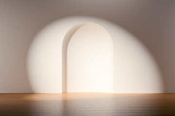 Wall Mural - 3d scene background with wooden floor over white wall illuminated by round spot light