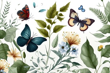 Sticker - colorful butterflies and flowers on a clean white background. Generative AI