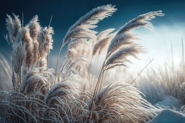 Canvas Print - tall grass covered in snow. Generative AI