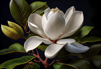 Poster - White magnolia on a background of green leaves. Generative AI technology.	
