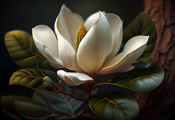 Poster - White magnolia on a background of green leaves. Generative AI technology.	
