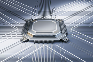 Poster - Creative empty silver chip on metal wallpaper with lines. Mock up place. Technology and motherboard, computer and hardware concept. 3D Rendering.