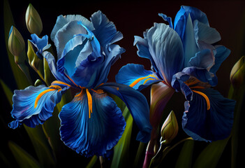 Poster - Bright blue irises. Generative AI technology.	
