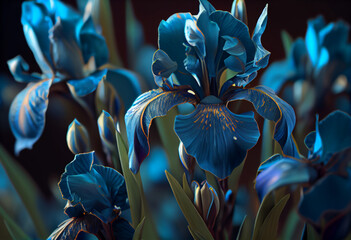 Poster - Bright blue irises. Generative AI technology.	
