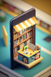 Isometric modern online bookstore or library concept, e-books app for reading on smartphone, bookshop in phone online, E-Learning and education concept. AI Generative.