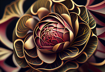 Poster - A complex, multi-layered pattern of interlocking shapes that resembles a Red hydrangea bush. Generative AI technology.	
