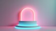 © RocknRoller Studios - Pink and Blue Plinth with Neon Lights. Pastel colored product stage. Generative AI.