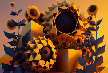 Aufkleber - A complex, multi-layered pattern of interlocking shapes that resembles a Yellow sunflowers on a green background. Generative AI technology.	
