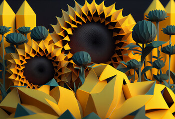 Aufkleber - A complex, multi-layered pattern of interlocking shapes that resembles a Yellow sunflowers on a green background. Generative AI technology.	
