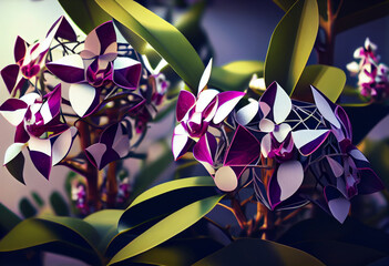 Poster - A complex, multi-layered pattern of interlocking shapes that resembles a Purple lavender bush. Generative AI technology.	
