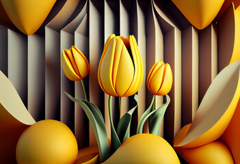 Poster - A complex, multi-layered pattern of interlocking shapes that resembles a Yellow Tulip background. Generative AI technology.	
