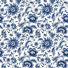Blue Floral Botanical Seamless Pattern On White Background With Generative Ai