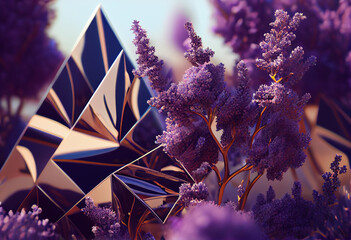 Poster - Beautiful abstract surreal geometric Lilac with purple flowers. Generative AI technology.
