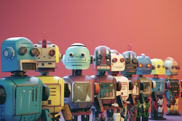 Poster - Charming Retro Mini Robots on Pastel Background - generated with AI