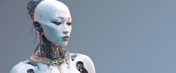 Poster - Futuristic Female Robot: Illustration of a Robotic Woman on Pastel Background - generated with AI