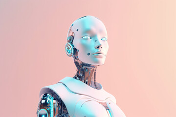 Poster - Futuristic Female Robot: Illustration of a Robotic Woman on Pastel Background - generated with AI