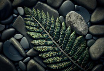 Poster - Beautiful abstract surreal geometric Green leaves of fern on the background of stones. Generative AI technology.

