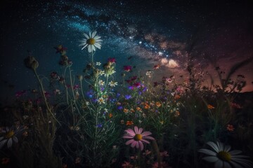 Canvas Print - colorful flower field under a starry night sky. Generative AI