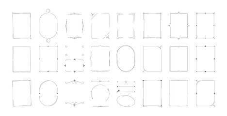 Poster - Minimalistic decorative frames. Outline geometric decorative borders with swiss bauhaus line shapes for badge logo design and wedding invitation cards. Vector set. Rectangle oval elements and dividers